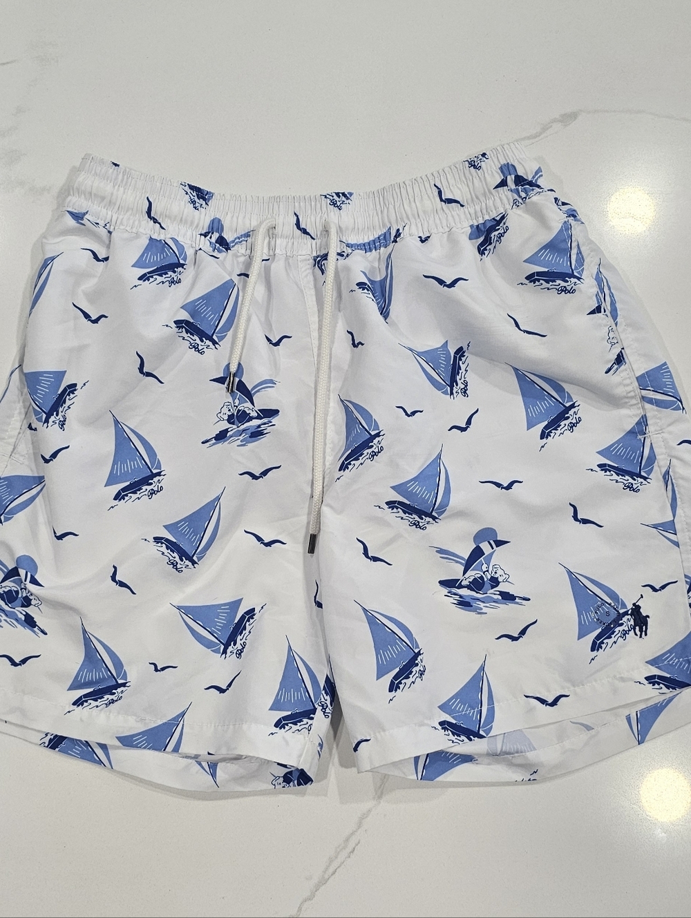 Polo Men's White Swim Shorts with Blue Sailboat Print